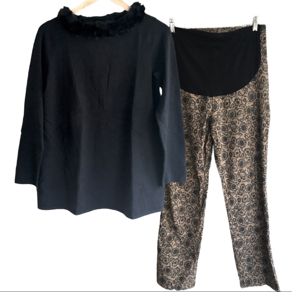 Y2K Vintage Chic Maternity Outfit- Black Sweater w/Feathers & Lace Print Pants